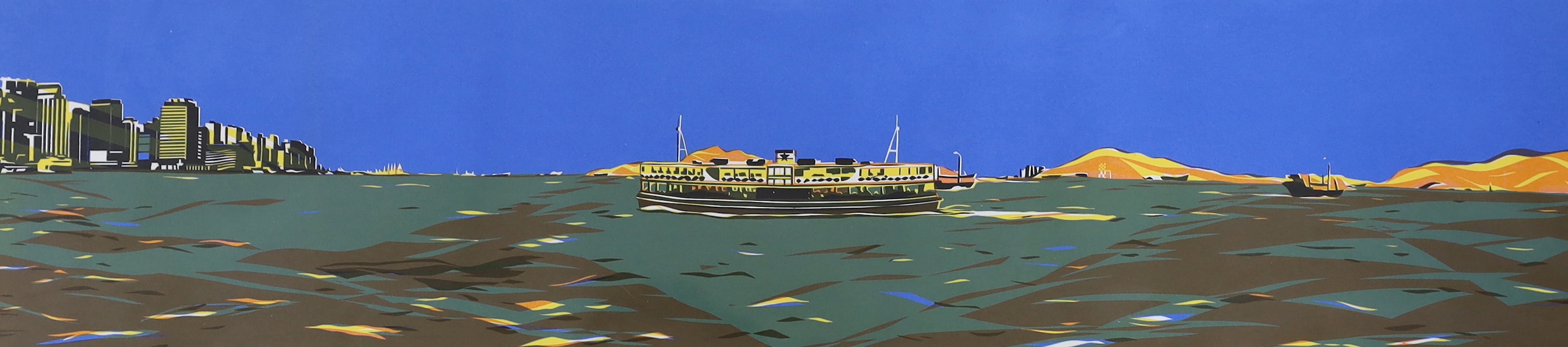 Ying Yeung Li (Chinese, b.1951), colour print, River landscape with boats, signed and dated 1980 in pencil, 76 x 27cm
